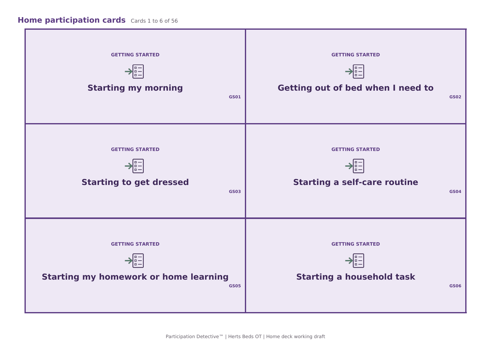 A page of home participation cards