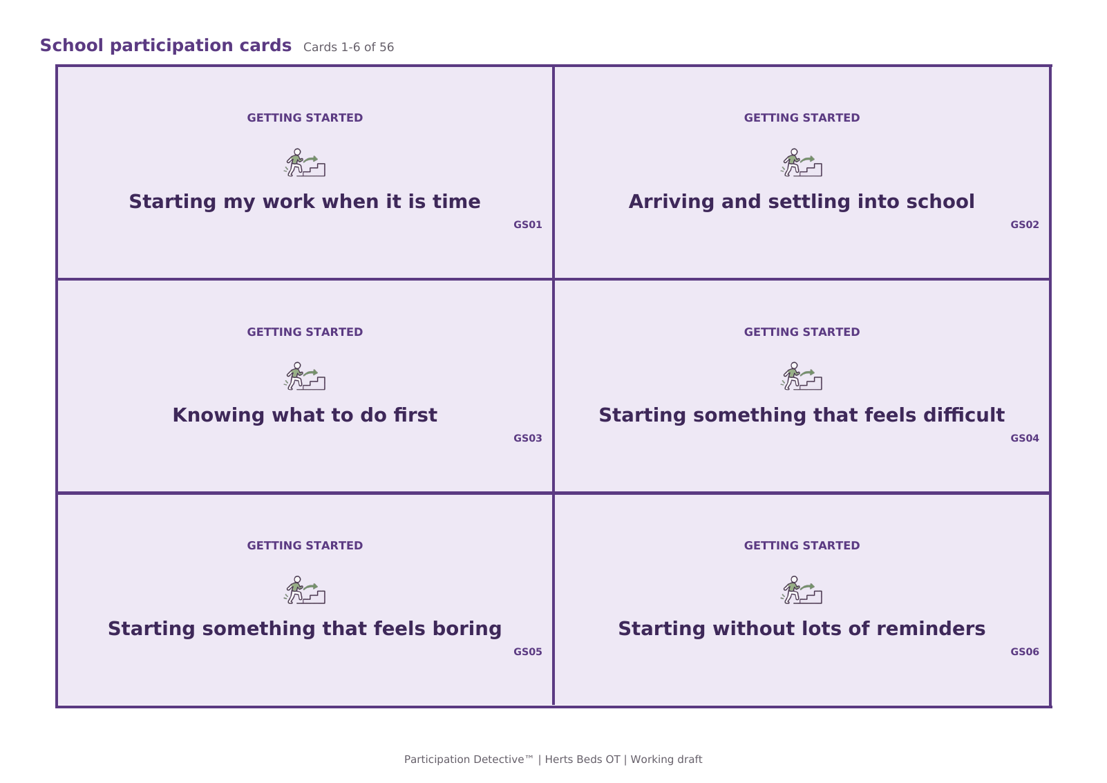 School participation cards including starting work and arriving at school